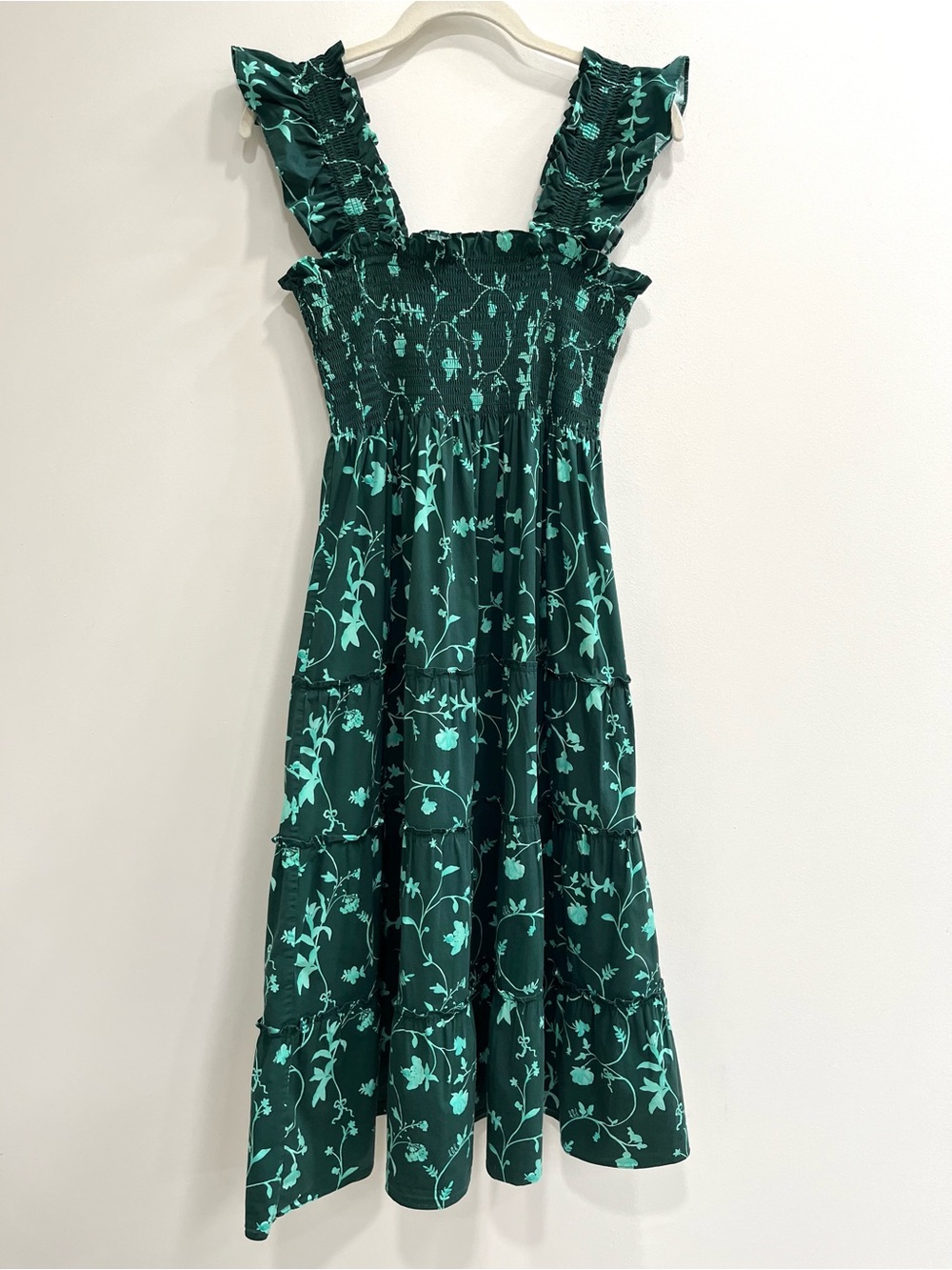 Hill House Ellie Nap Dress Green Botanical Floral Smocked Midi Ruffle Sleeveless